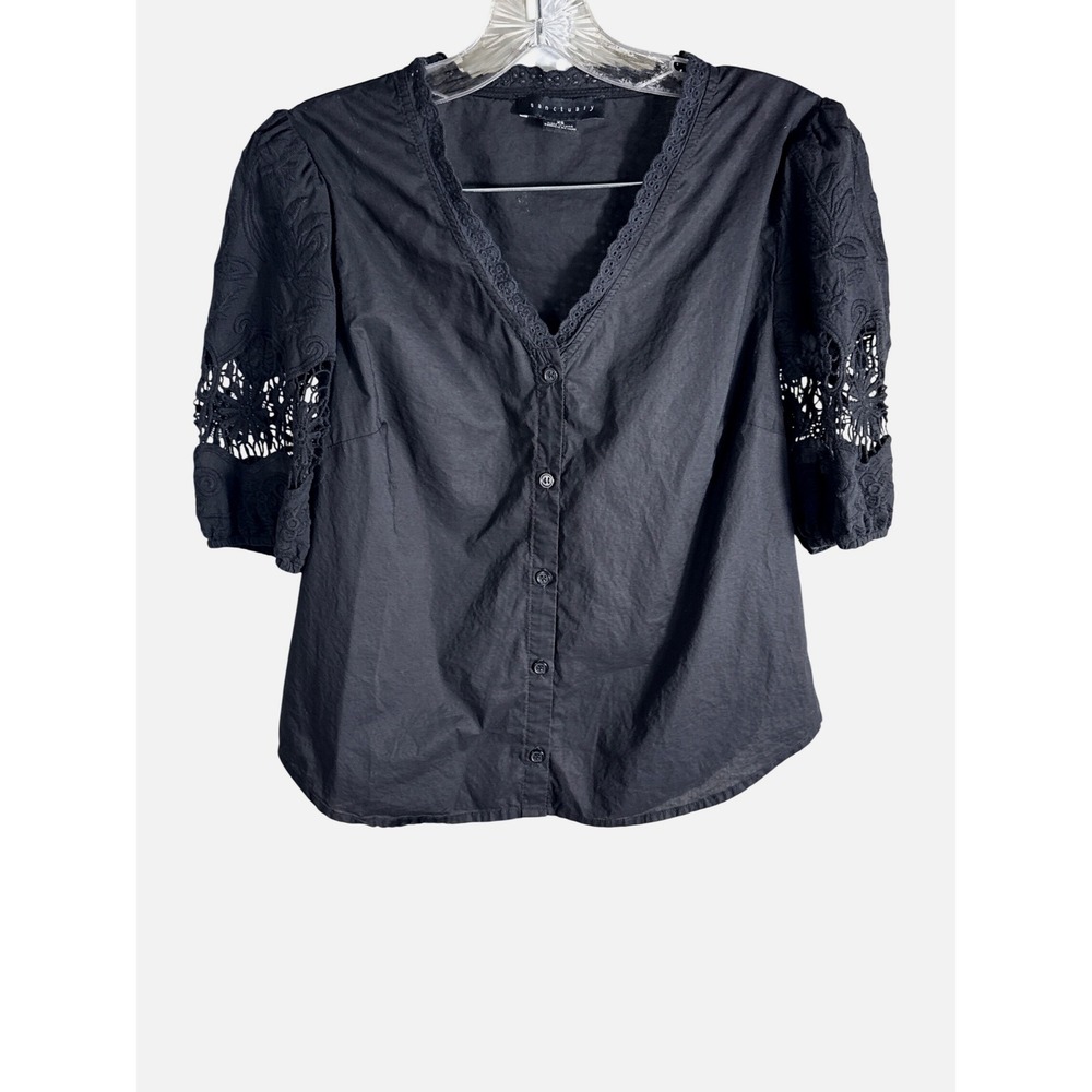 Sanctuary Black Eyelet Lace Puff Sleeve Button Down Blouse XS CB2322CQ7 Cotton